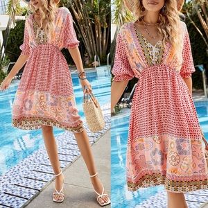 Bohemian Tie Back V-Neck Dress